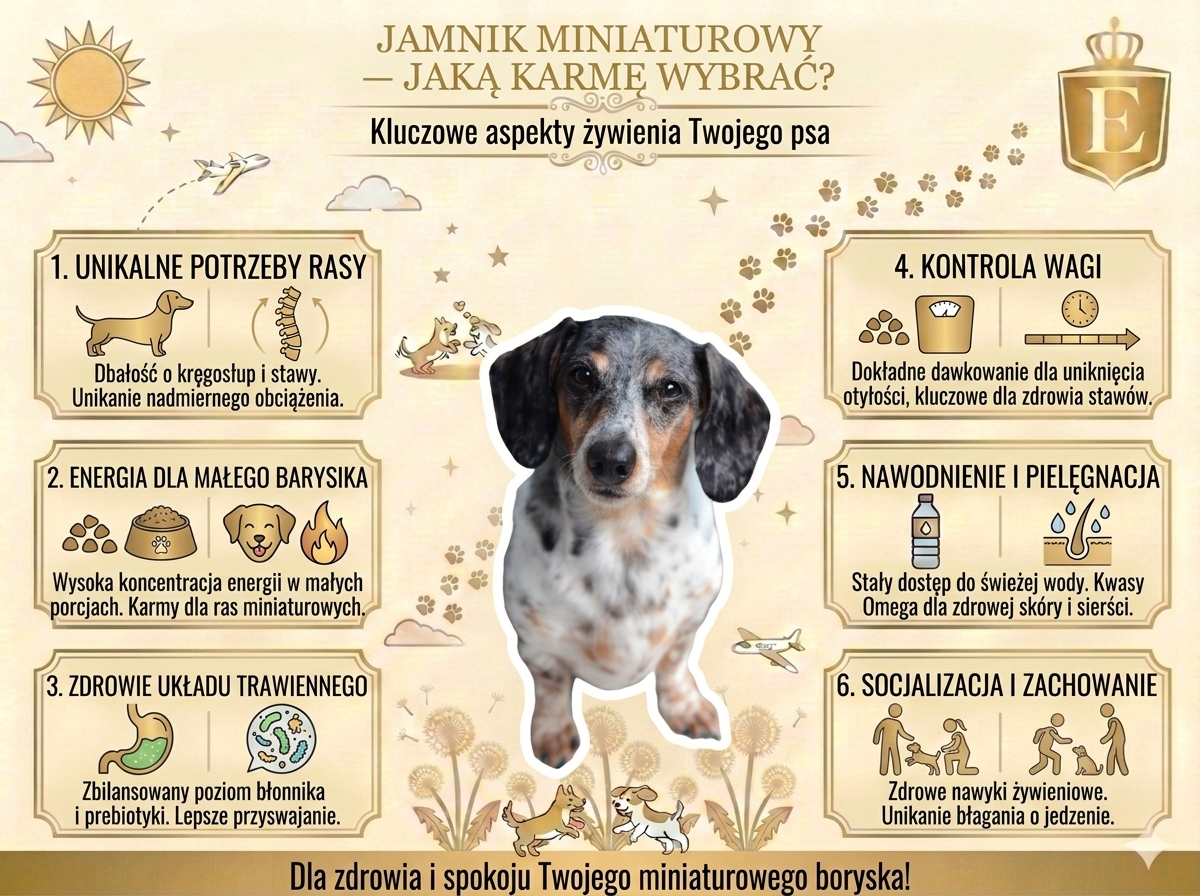 Infografika przedstawiająca najważniejsze zasady żywienia jamnika miniaturowego. Grafika omawia potrzeby żywieniowe rasy, odpowiednią podaż energii, wsparcie układu trawiennego, kontrolę masy ciała, znaczenie nawodnienia oraz kwasów omega-3 i omega-6, a także rolę prawidłowych nawyków żywieniowych. W centralnej części znajduje się jamnik miniaturowy, a całość stanowi praktyczny poradnik dotyczący wyboru karmy i codziennego żywienia tej rasy.